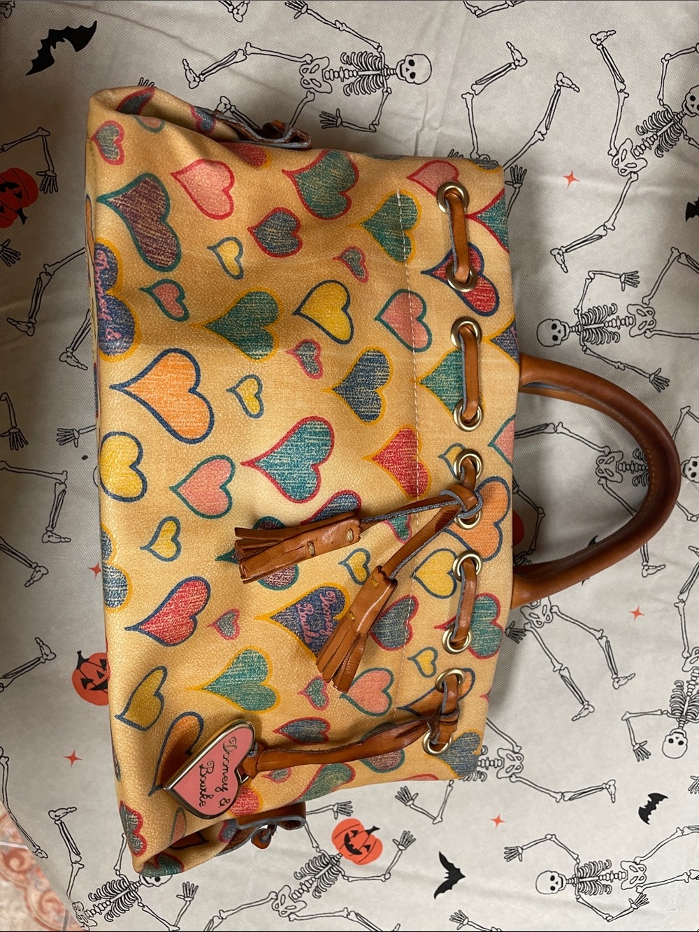 Y2K Dooney & Bourne brand Heart-Print Yellow Tote Bag with Brown Handles